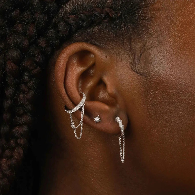 1PC Double-Layer Chain Tassel Clip Earrings