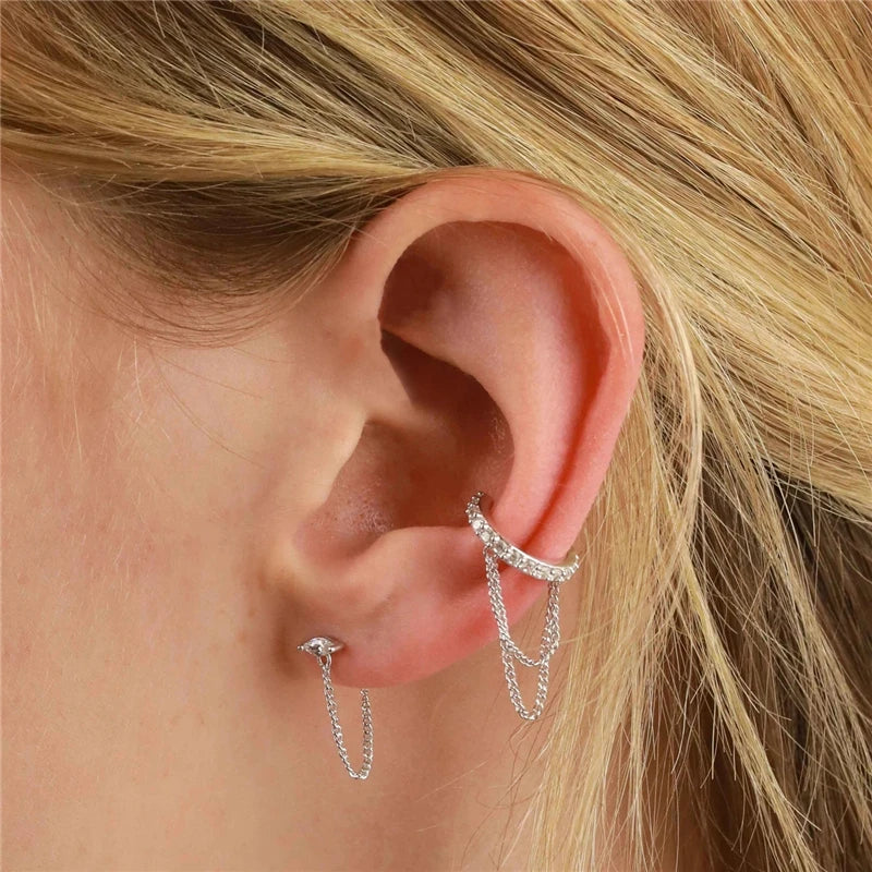1PC Double-Layer Chain Tassel Clip Earrings