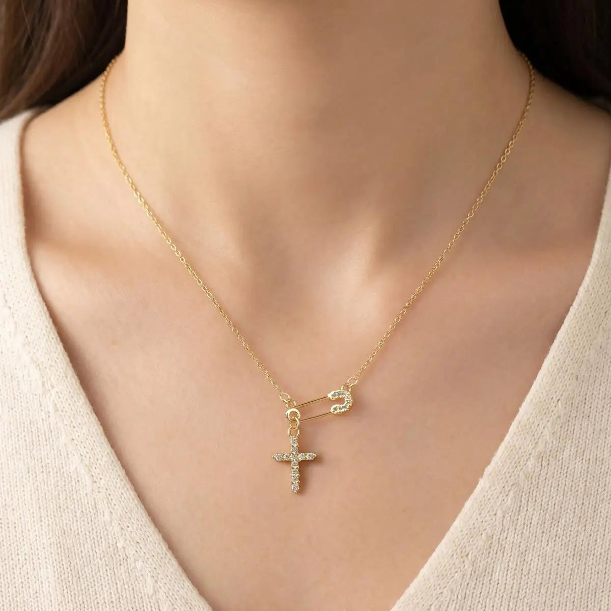 Safety Pin Cross Necklace