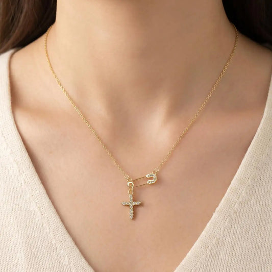 Safety Pin Cross Necklace